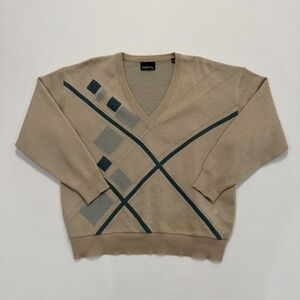 Tan Gabicci V-Neck Knit Sweater Geometric Pattern Wool Pullover Sz 2XL